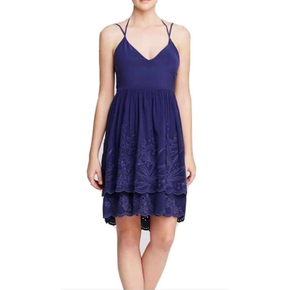 Rebecca Minkoff Womens Double Strap Halter Silk Eyelet Layered Mini Dress Blue S